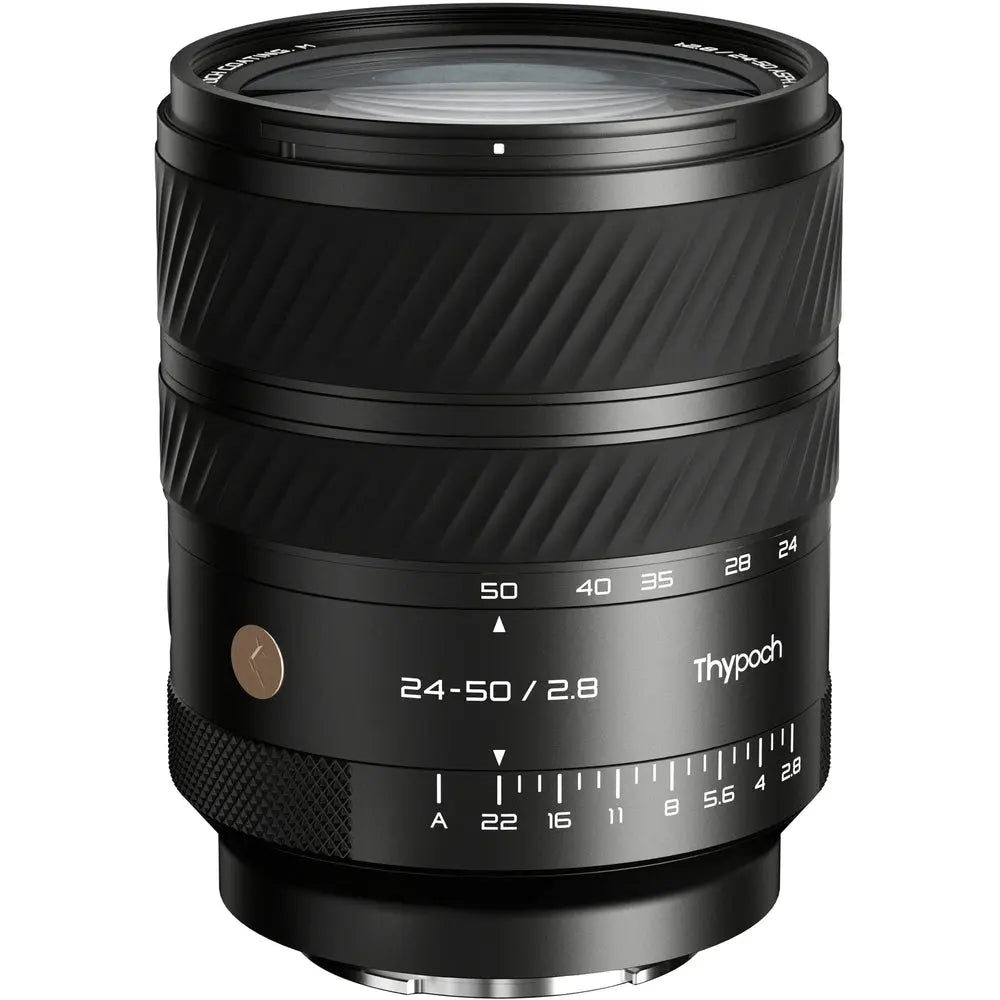 Thypoch Voyager AF 24-50mm f/2.8 Sony E black zoom lens, side profile showing focal length and aperture markings