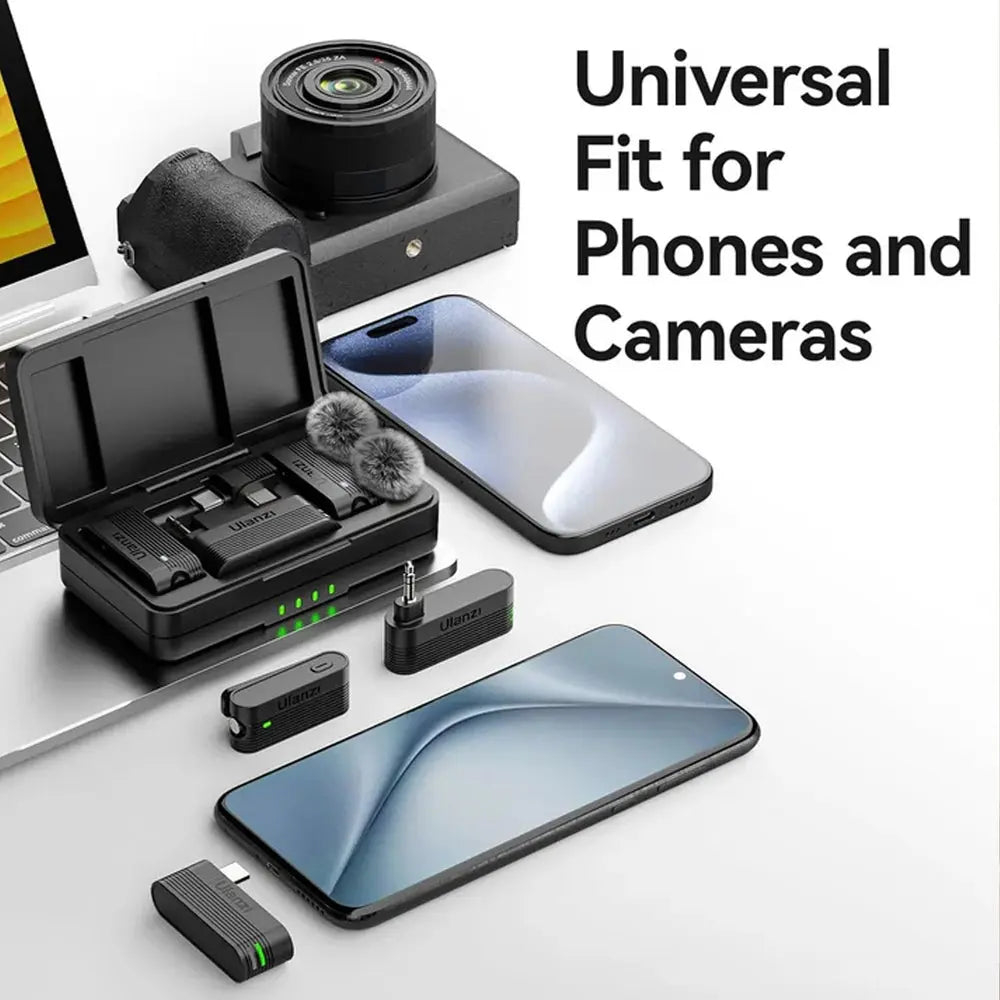 Ulanzi A100 Wireless Lapel Microphone for Camera and Phone — wireless microphone kit shown with compatible phone and camera devices