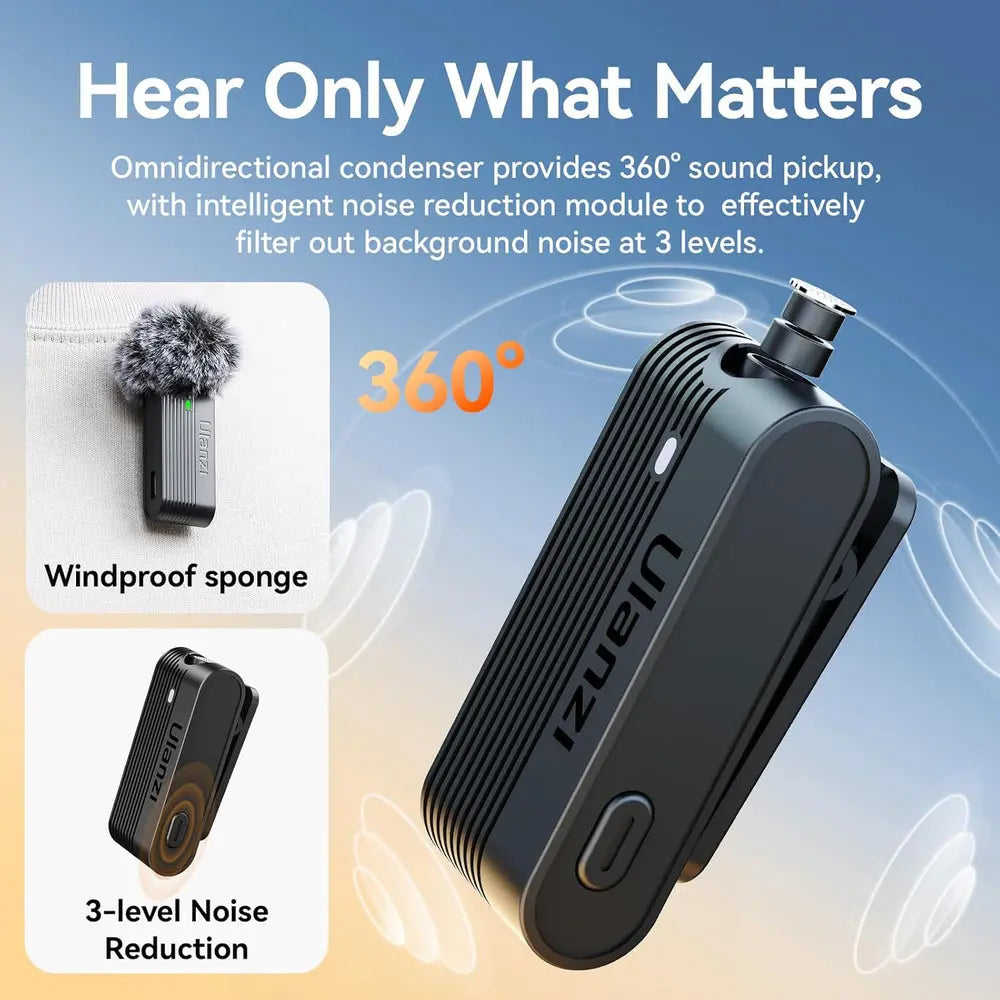 Ulanzi A100 Wireless Lapel Microphone for Camera and Phone — close-up of wireless microphone clip and noise-reduction feature graphic