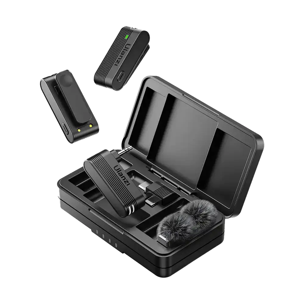 Ulanzi A100 wireless lavalier microphone kit, two transmitters, receiver and charging case, on white background