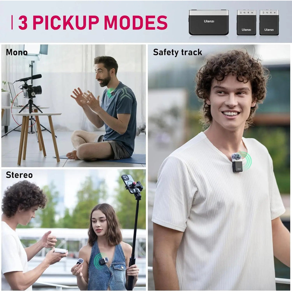 Ulanzi AM18 wireless microphone mono stereo and safety track modes