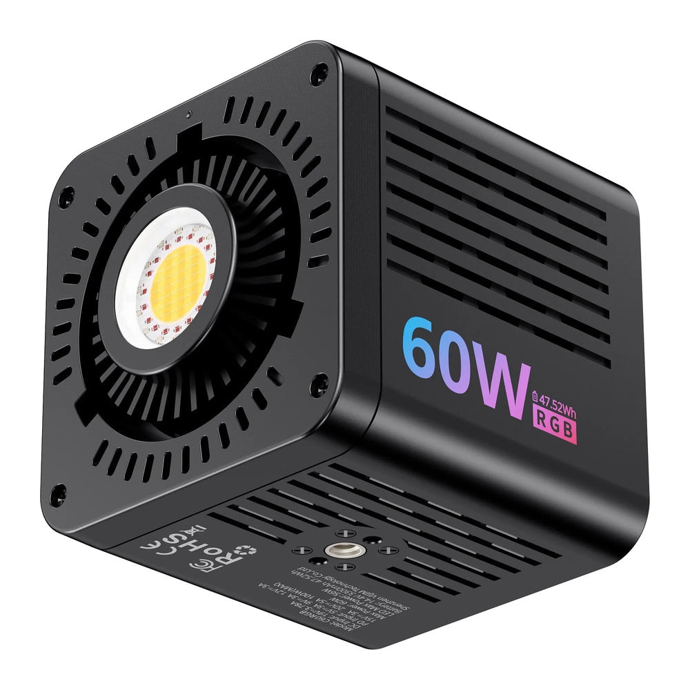 Ulanzi C60RGB 60W RGB COB video light, angled front and side view on white background