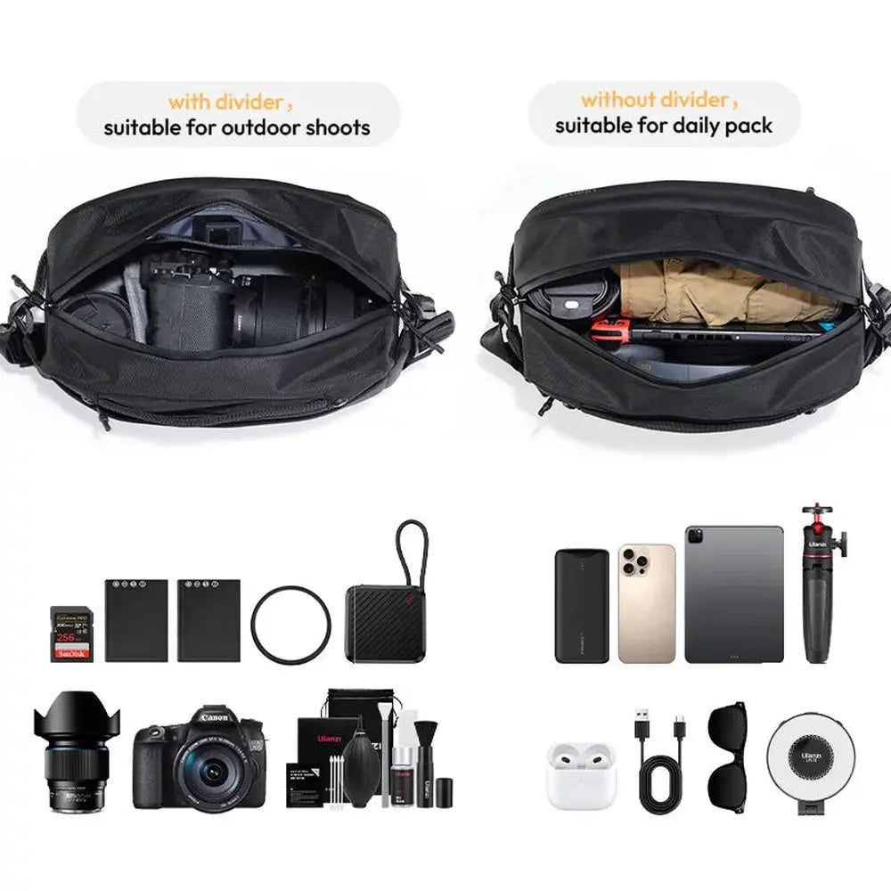Ulanzi PB038 black 10L camera sling bag showing storage pockets and equipment compartments