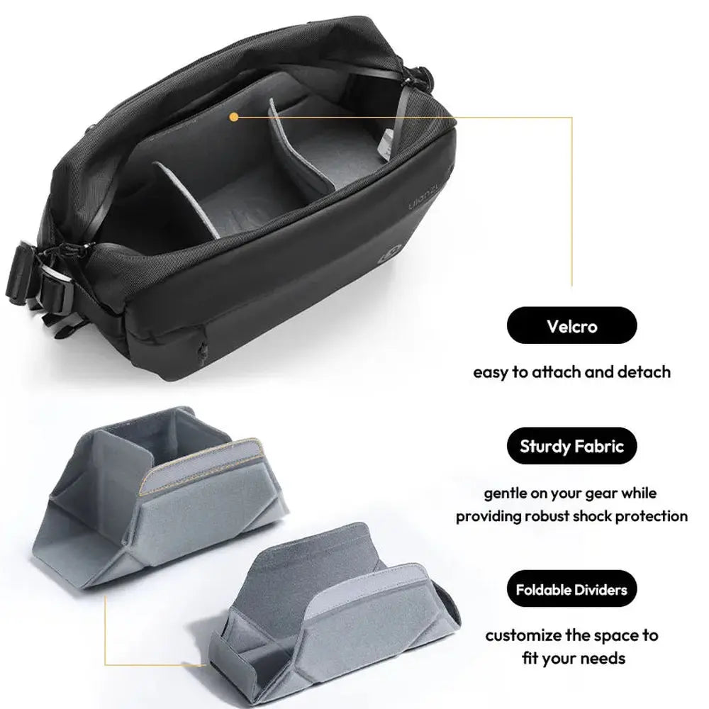 Ulanzi PB038 black 10L camera sling bag showing interior divider configurations