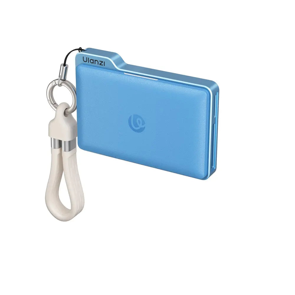 Ulanzi DC01 blue magnetic memory card case and USB-C reader shown closed with lanyard on a white background.