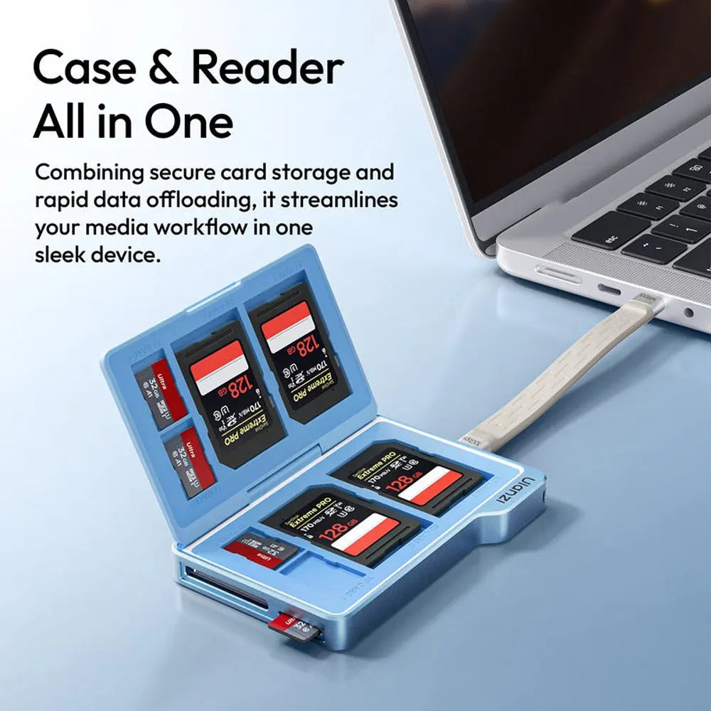 Ulanzi DC01 Blue 2-in-1 Memory Card Case and USB-C Reader – 4 SD + 4 microSD Slots — product details and alternate view