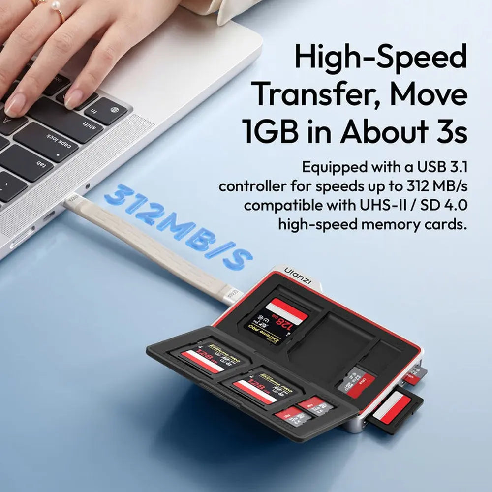 Ulanzi DC01 Blue 2-in-1 Memory Card Case and USB-C Reader – 4 SD + 4 microSD Slots — product details and alternate view
