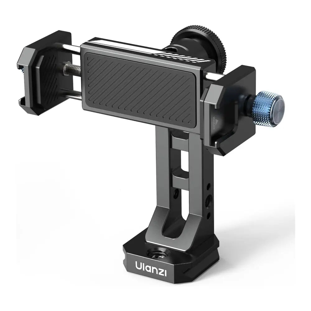 Ulanzi MA53 metal phone tripod adapter with Uka and Arca-Swiss compatible base, dual cold shoe and adjustable clamp on white background.