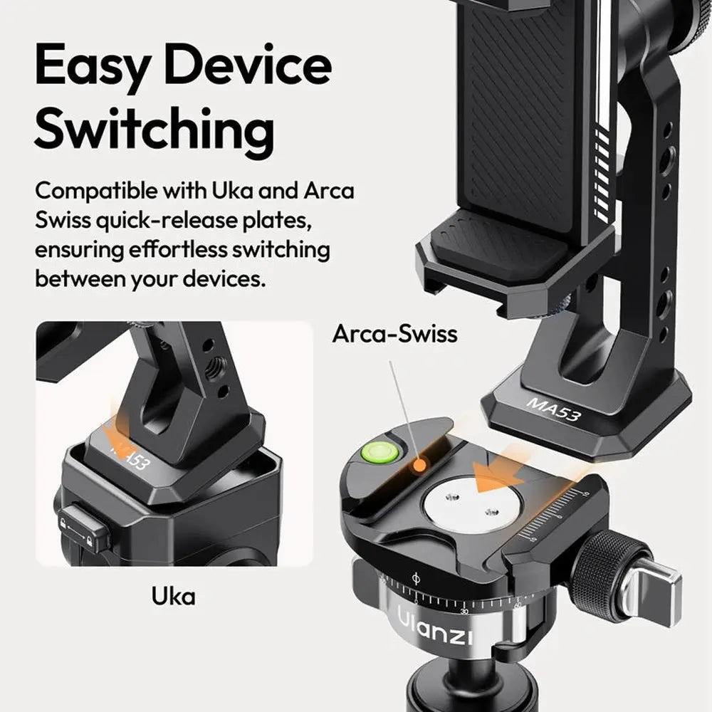 Ulanzi MA53 Metal Phone Tripod Mount – Universal Smartphone Adapter with Arca Swiss & Uka Port, Dual Cold Shoe, 360° Rotation Holder for iPhone, Samsung, Vlogging & Video Shooting — product details and alternate view