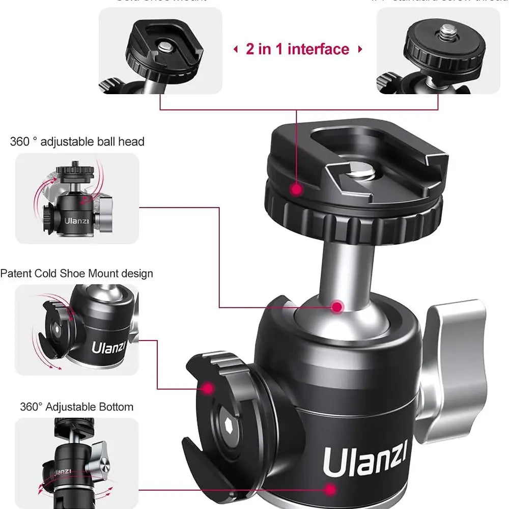 Ulanzi MT14 U60 mini camera tripod with 360-degree ball head and cold shoe, black mounting head shown on a clean white background.