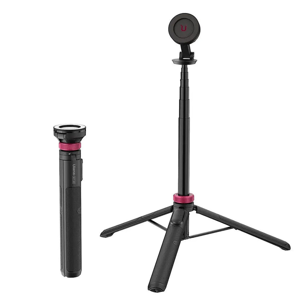 Ulanzi MT-84 black magnetic 61-inch smartphone tripod with pink collar, shown folded and extended with magnetic phone mount on white.