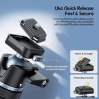 Ulanzi MT93 Universal 1/4-Inch Light Stand Camera Tripod with Auto-Open — close-up of tripod quick-release camera plate