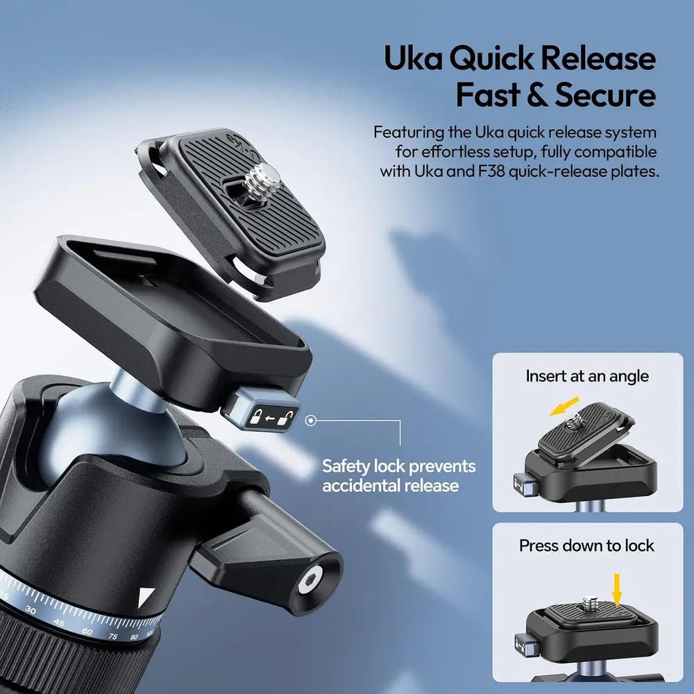 Ulanzi MT93 Universal 1/4-Inch Light Stand Camera Tripod with Auto-Open — close-up of tripod quick-release camera plate