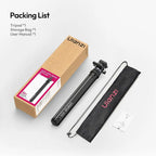 Ulanzi MT93 Universal 1/4-Inch Light Stand Camera Tripod with Auto-Open — folded tripod shown beside packaging and carrying pouch
