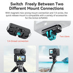 Ulanzi OA26 magnetic quick-release adapter for DJI Osmo Action 6 and Osmo Nano, shown with compatible action-camera mounting configurations.