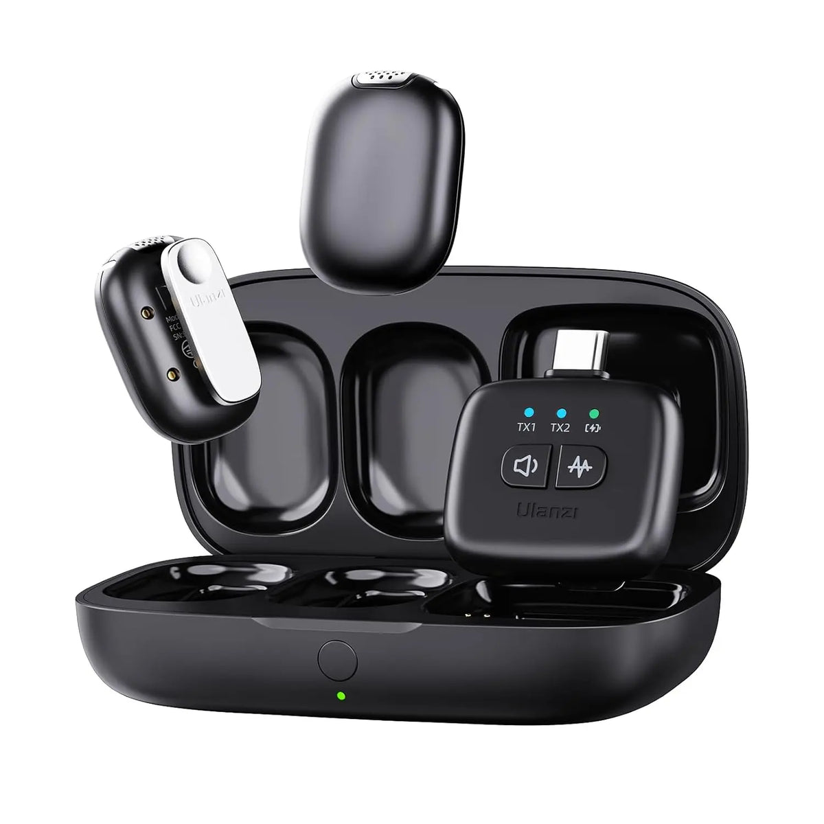 Ulanzi A30 A014GBB2 wireless lavalier microphone kit with dual microphones, receiver and charging case on white background
