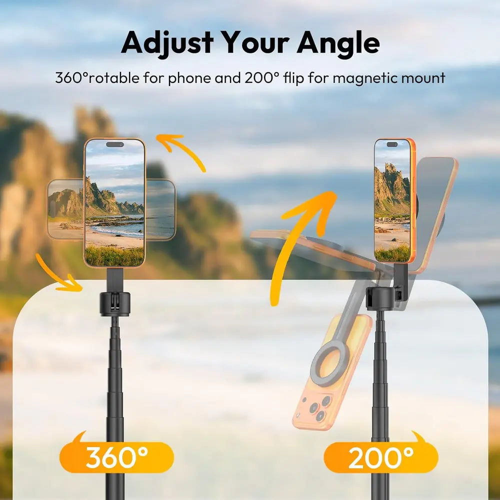 Ulanzi SK27 Magnetic Smartphone Tripod 165cm with Bluetooth Remote — diagram showing tripod head rotation and phone tilt adjustment