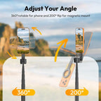 Ulanzi SK27 Magnetic Smartphone Tripod 165cm with Bluetooth Remote — diagram showing tripod head rotation and phone tilt adjustment
