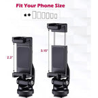 Ulanzi ST-10 Metal Phone Tripod Mount, 360-Degree Smartphone Adapter — phone clamp shown at different widths with measurements