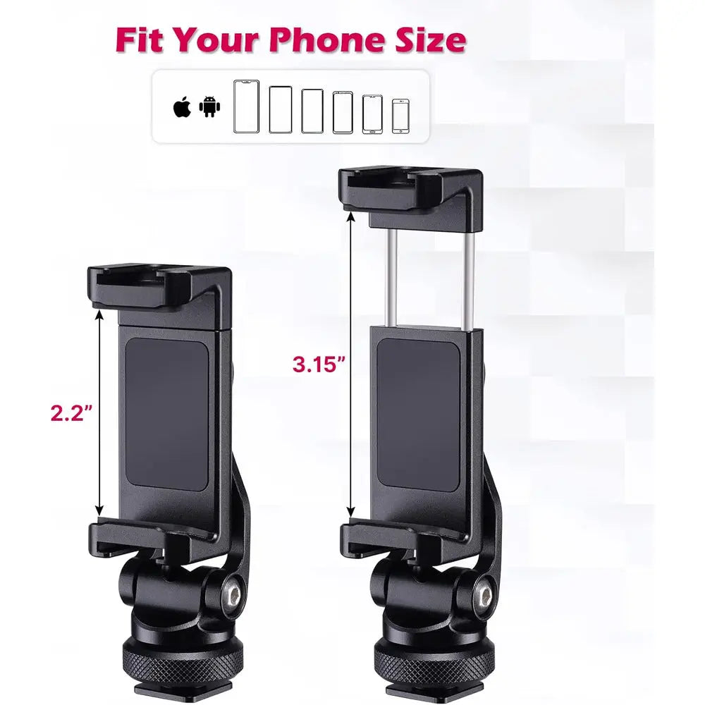 Ulanzi ST-10 Metal Phone Tripod Mount, 360-Degree Smartphone Adapter — phone clamp shown at different widths with measurements
