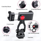 Ulanzi ST-10 metal 360-degree smartphone tripod mount showing rotating clamp, dual cold-shoe ports and quarter-inch thread on white.