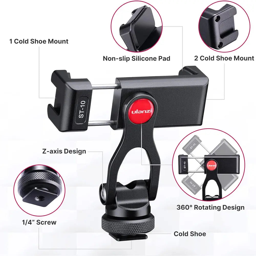 Ulanzi ST-10 metal 360-degree smartphone tripod mount showing rotating clamp, dual cold-shoe ports and quarter-inch thread on white.