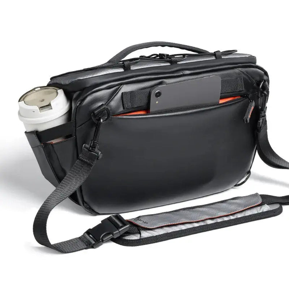 Ulanzi SU02 13L Hoshino waterproof camera sling bag in black with shoulder strap, front three-quarter product view on a white background.