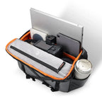 Ulanzi SU02 13L Waterproof Camera Sling Bag for DSLR and Mirrorless — camera sling bag open with camera equipment and a tablet