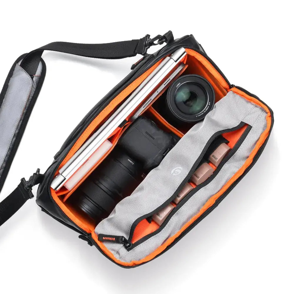 Ulanzi SU02 13L Waterproof Camera Sling Bag for DSLR and Mirrorless — top view of open sling bag with padded equipment compartments