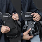 Ulanzi TE88 15L camera shoulder sling bag being worn, showing quick side-zip access to camera compartment