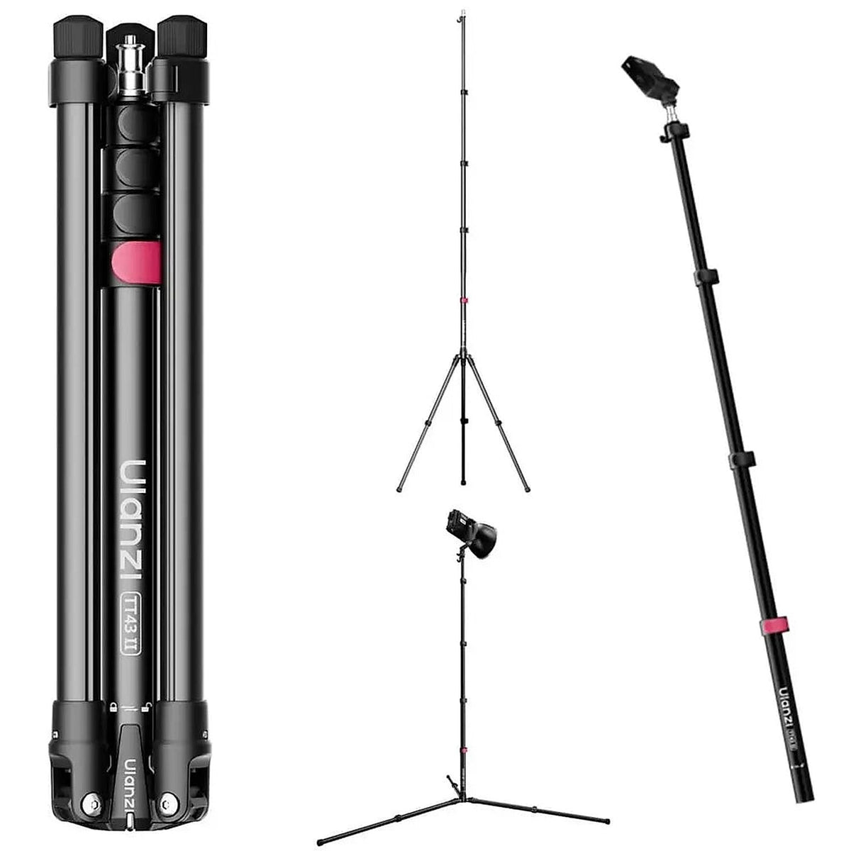 Ulanzi TT43 II black 86-inch reverse-folding photography light stand, shown collapsed and fully extended with tilted light head on white.