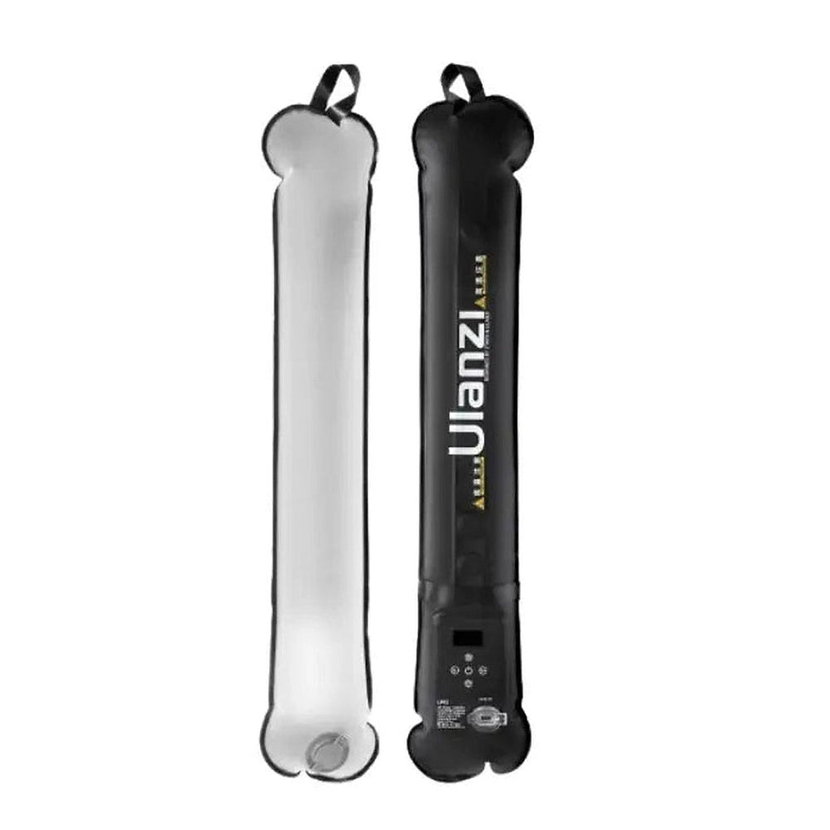 Ulanzi UA12 12W bi-color inflatable LED tube light shown from front and rear with white diffuser and black control section on a white background.