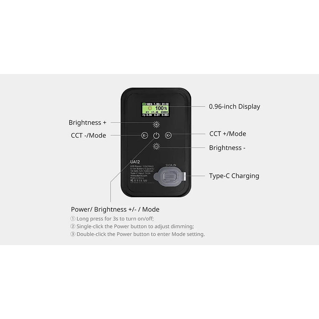 Ulanzi UA12 bi-color inflatable 12W LED tube light rear control panel with screen, CCT and brightness buttons, USB-C port