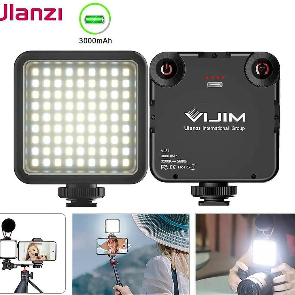 Ulanzi VIJIM VL81 light shown from front and back with video lighting use examples