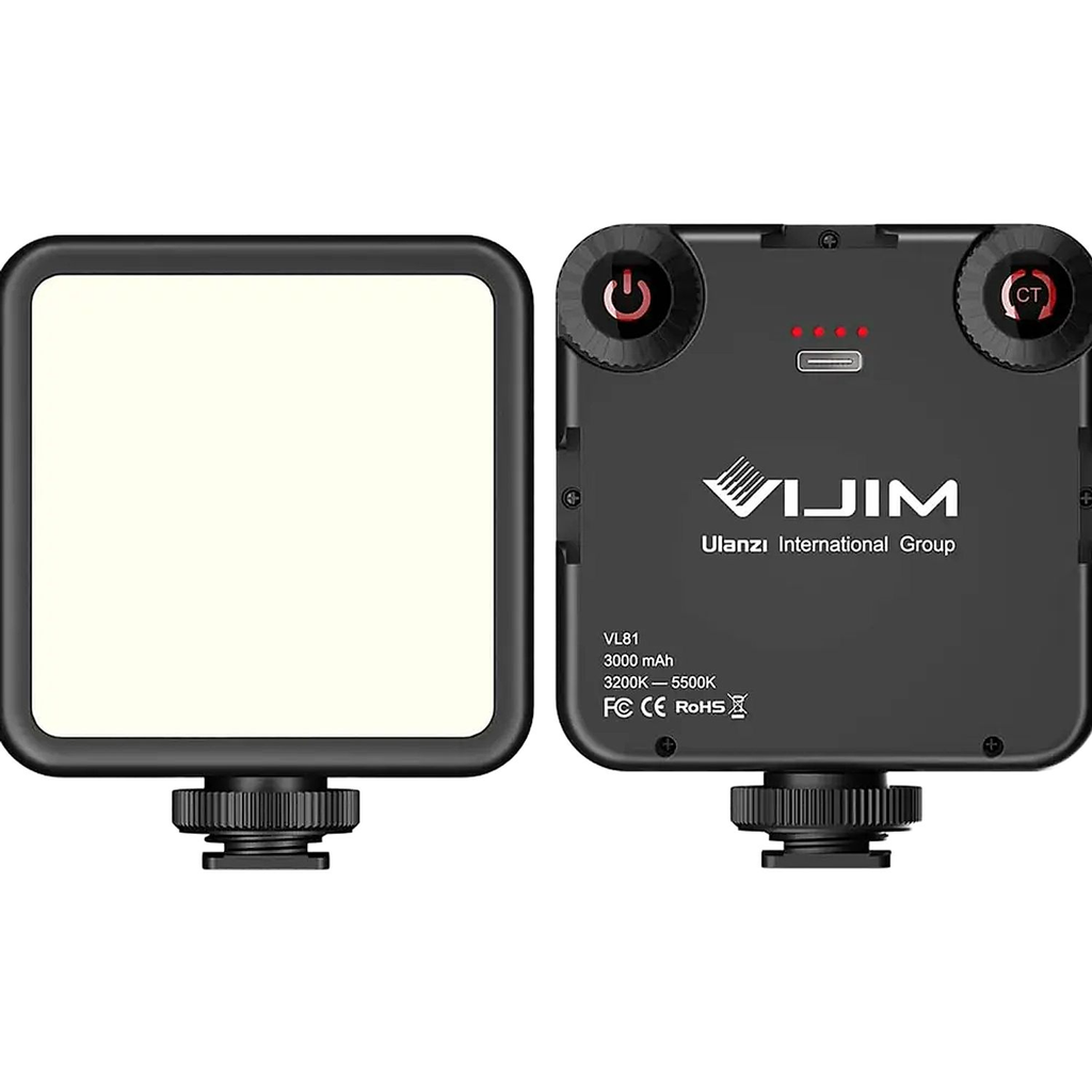 Ulanzi VIJIM VL81 video light, front diffuser and rear dimming and color-temperature controls on white background