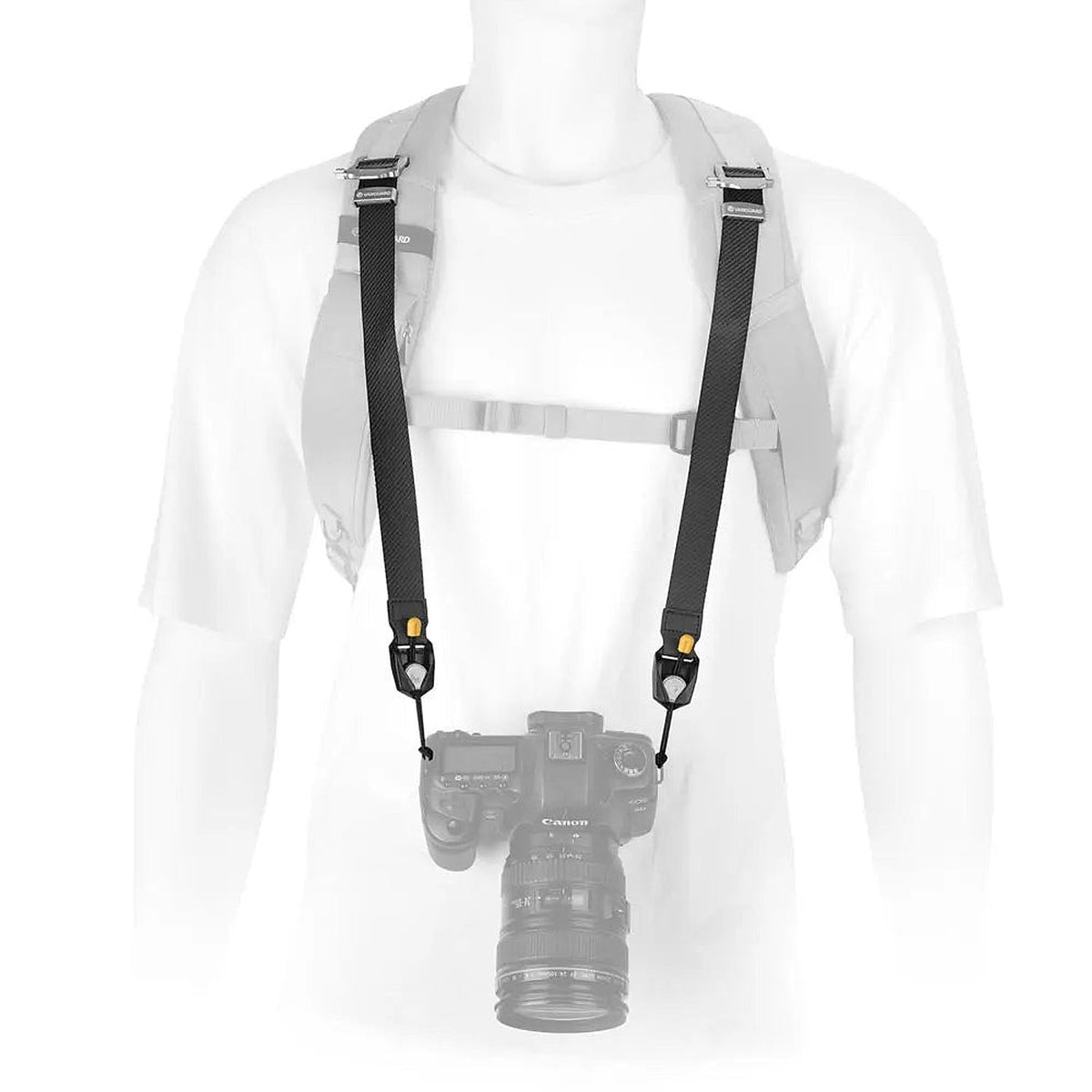 Vanguard Connect 3N1 NEO NS30 Camera Strap – Black — black neck strap worn with a camera