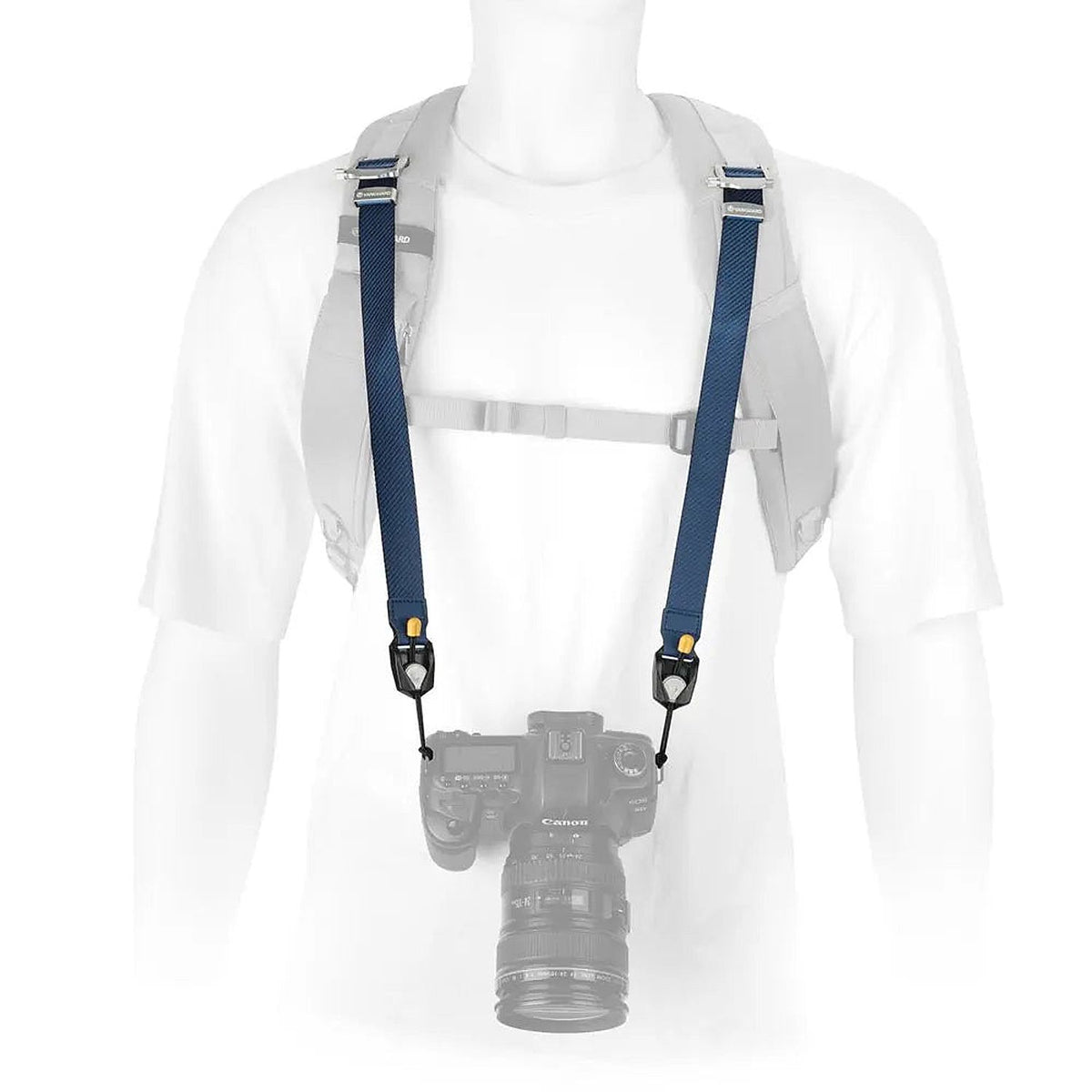 Vanguard Connect 3N1 NEO NS30 Camera Strap – Navy — navy neck strap worn with a camera