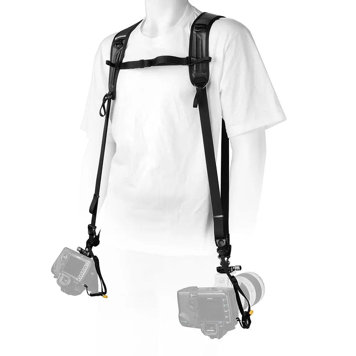 Vanguard Connect PRO 2N1 Dual Camera Strap – Black — black harness worn with two cameras