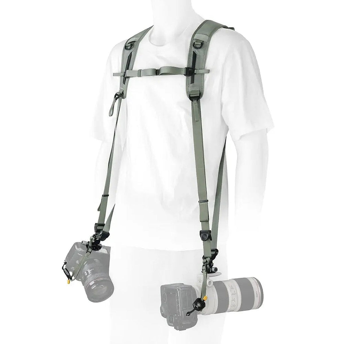 Vanguard Connect PRO 2N1 Dual Camera Strap – Green — green harness worn with two cameras