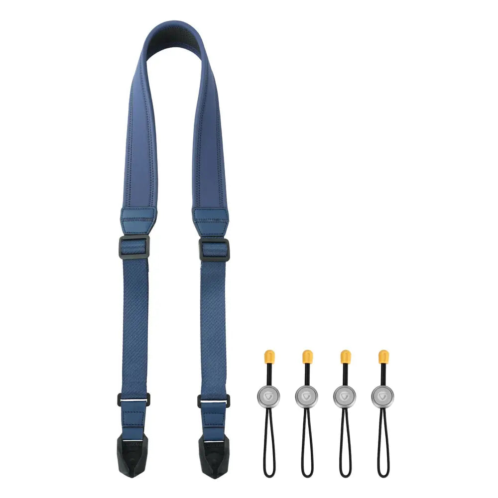 Vanguard Connect NEO NS38 Navy camera neck strap, blue strap with black end anchors and quick-release loops on a plain white background.