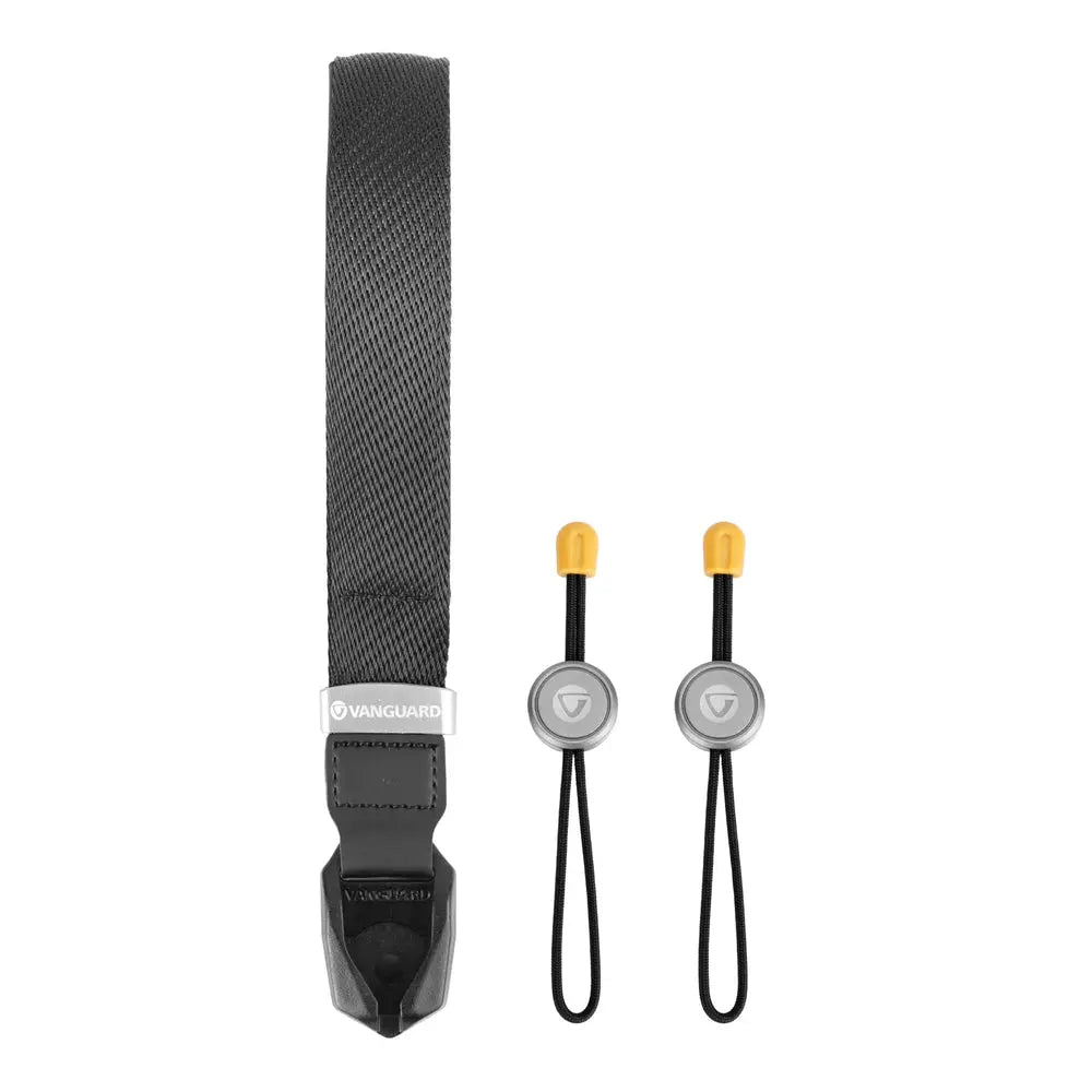 Vanguard Connect WS black quick-release camera wrist strap with two Connect Tether attachments, photographed on pure white background.