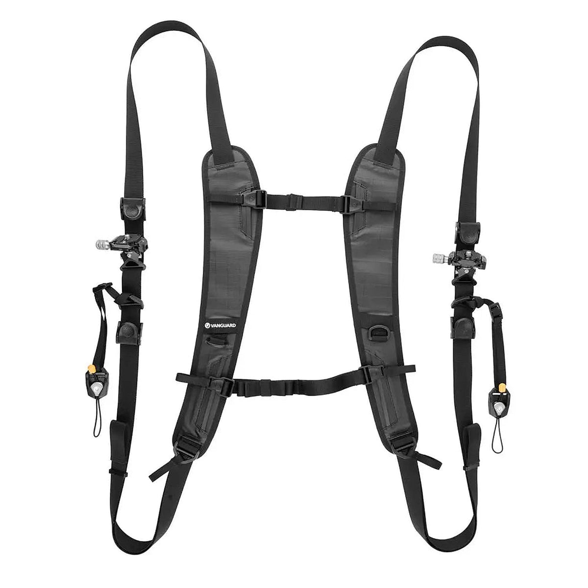 Vanguard PRO 2N1 BK black dual-camera shoulder harness with two padded supports, front chest buckles and QDC-1 quick-release camera mounts against white background.