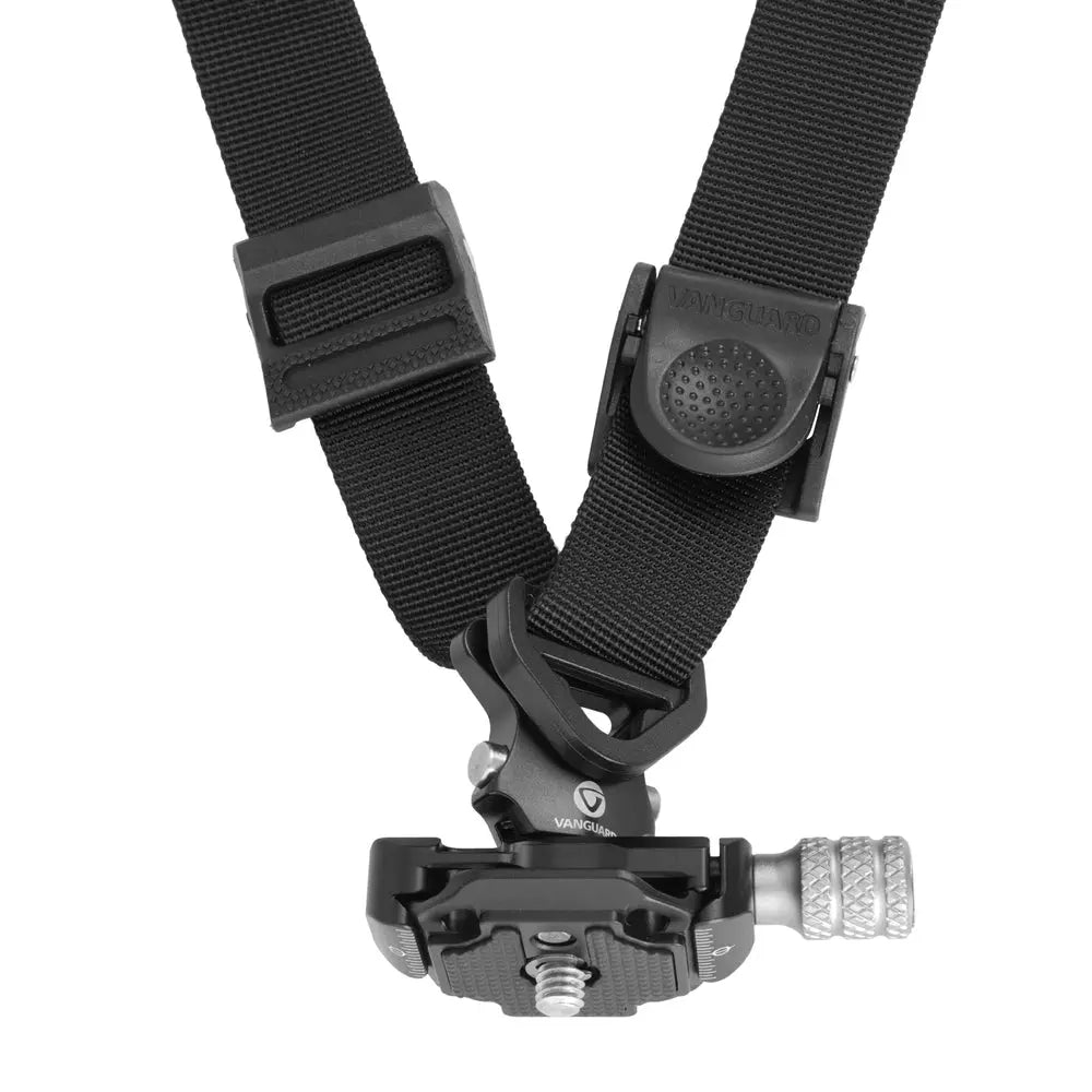 Vanguard PRO STRAP BK black professional camera sling strap with metal Arca-compatible QDC-1 quick-release camera plate and adjustment buckle on white.