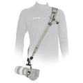 Vanguard PRO STRAP GR olive-green camera shoulder sling worn crossbody on mannequin, showing padded strap and mounted camera against white.