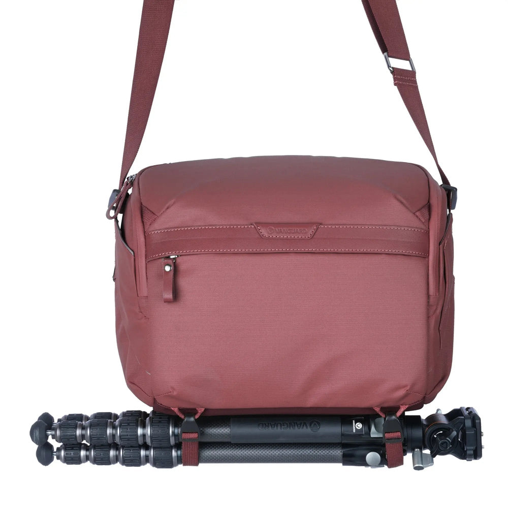 Vanguard VEO Metro S9L burgundy 9L camera shoulder bag with tripod straps, front view on white background
