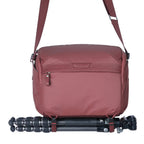 Vanguard VEO Metro S9L burgundy 9L camera shoulder bag with tripod straps, front view on white background