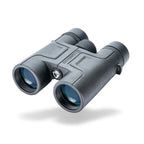 Vanguard Vesta 10x42 compact black binoculars with blue-coated objective lenses in angled front view isolated on white.