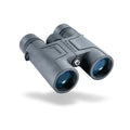 Vanguard Vesta 8x42 binoculars black rubber-armored body with blue coated objective lenses, front three-quarter product view on white.
