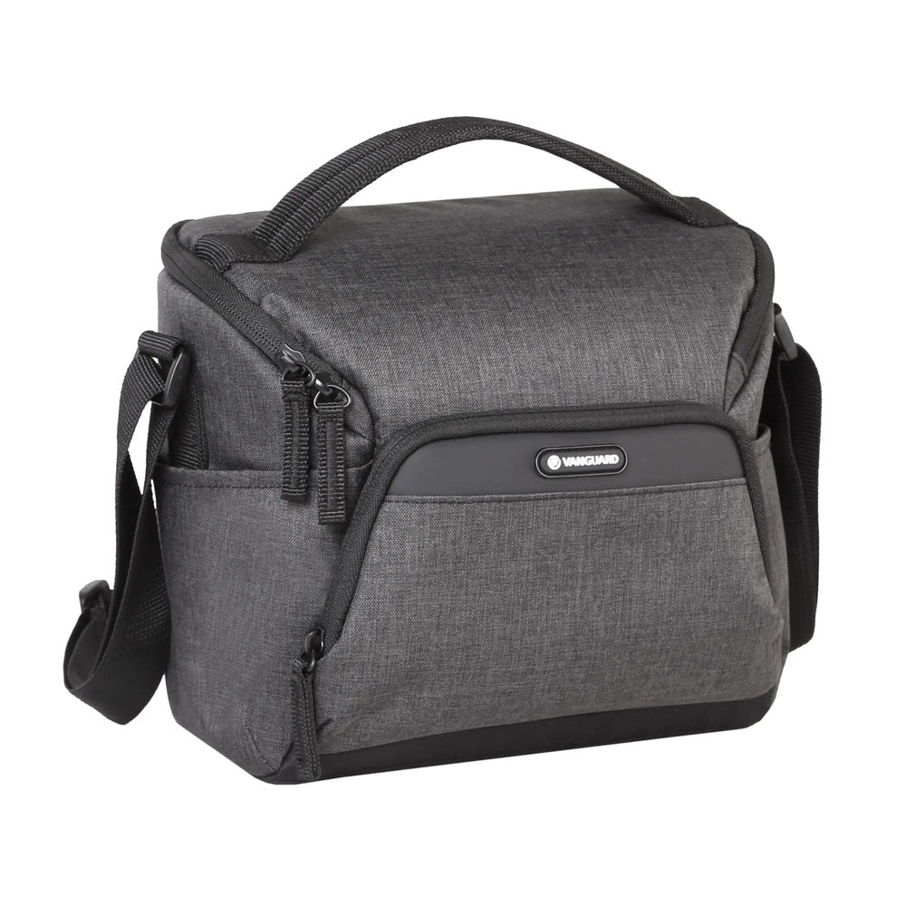 Vanguard Vesta Aspire 21 gray camera shoulder bag, front view with shoulder strap on white background