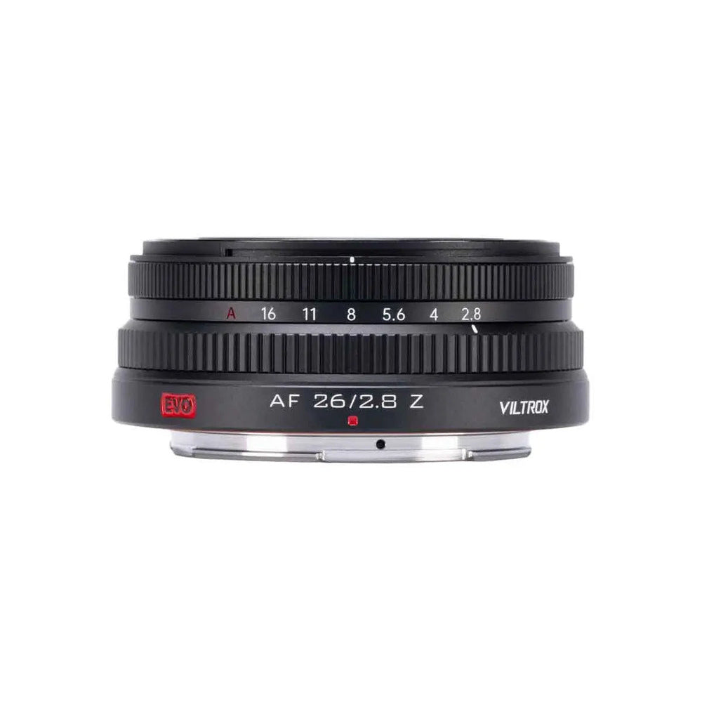 Viltrox AF 26mm f/2.8 EVO Nikon Z pancake lens side profile showing compact size, focusing ring and aperture scale